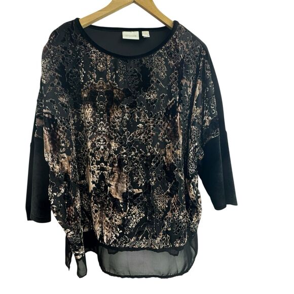 Chicos Womens Black Velour Embossed Animal Print Blouse Size 3 US XL Chiffon - Picture 1 of 8
